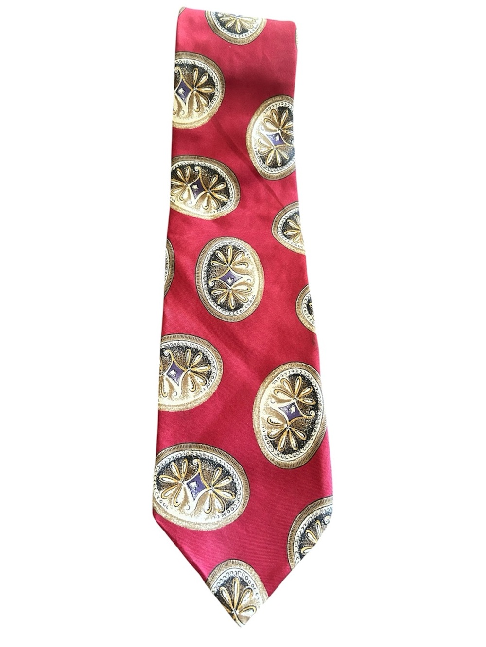 Christian Dior 100% silk red tie with gold black purple circle print design